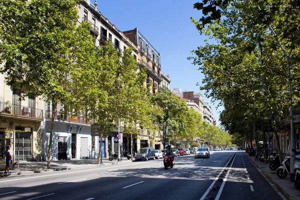 Kilátás Egy Motorkerékpár Autó Város Utcájában Barcelonában Fák Hagyományos Tipikus — Stock Fotó