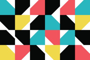 Kusursuz, soyut arkaplan deseni renkli geometrik çokgen şekiller (pentagonlar) ile yapılır. Modern, basit, kırmızı, mavi, sarı ve siyah renkli vektör sanatı.