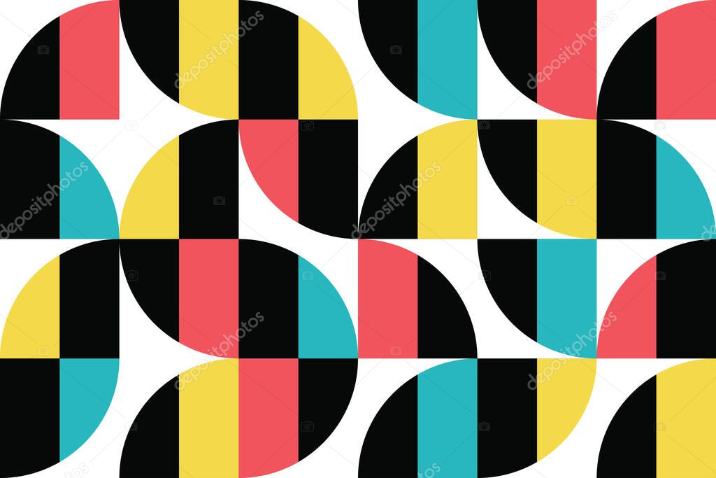 Seamless, abstract background pattern made with geometric shapes (circular and rectangular) in yellow, blue, red and black colors. Modern, simple, playful and vibrant vector art.