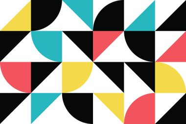 Renkli geometrik şekillerle (daireler ve üçgenler) yapılmış kusursuz, soyut arka plan deseni. Modern, basit, neşeli ve eğlenceli vektör sanatı kırmızı, sarı, mavi ve siyah renklerde.