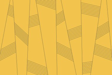 Şehir binaları ve ağaç soyutlamalarında tekrarlanan çizgilerle yapılan soyut arkaplan kalıpları. Basit, modern vektör sanatı sarı renkte.