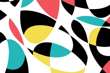 Soyut arkaplan deseni renkli dairesel geometrik şekillerle yapılmış. Modern, oyuncu, modaya uygun ve eğlenceli vektör sanatı kırmızı, sarı, mavi ve siyah renklerde.