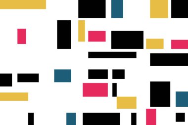 Soyut arkaplan deseni renkli geometrik şekillerle (dikdörtgenler) yapılır. Modern, canlı, cesur ve oyuncu vektör sanatı kırmızı, sarı, mavi ve siyah renklerde.