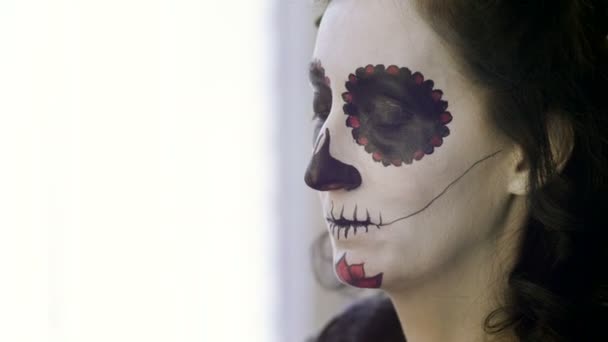 Halloween Face Art Make Up Artist Is Making Woman Up As Skeleton For Celebration Of The Mexican Day Of The Dead 4k Video By C Actionstore Stock Footage 215371196