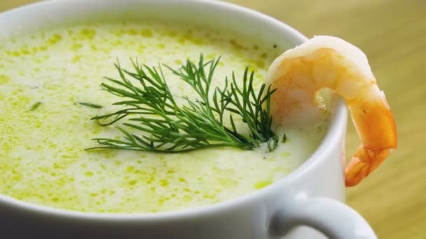 Healthy food. Close-up shot of cream seafood soup with shrimp cooked in fish broth. 4K — Stock Footage Healthy food. Close-up shot of cream seafood soup with shrimp cooked in fish broth. 4K Video Clip