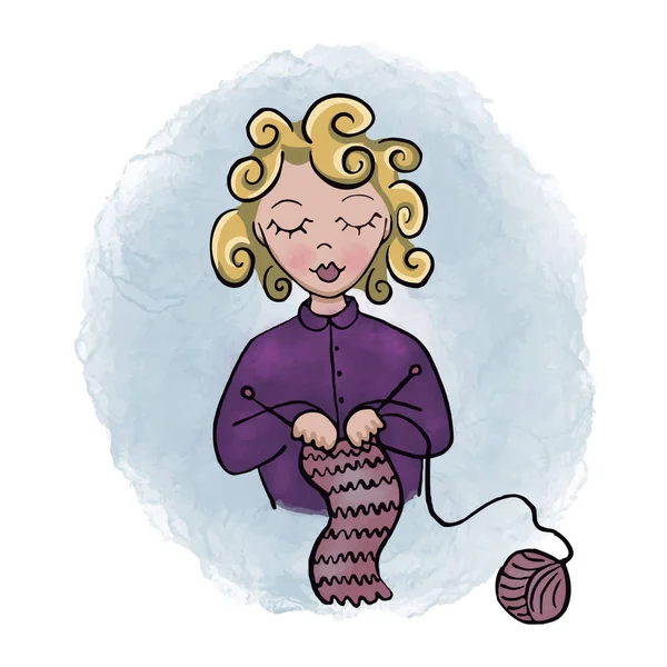 Cartoon Woman Knitting Hobby Vector — Stock Vector