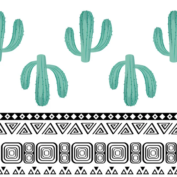 Sömlös Vektor Mönster Med Handritad Mexikanska Kaktusar Och Tribal Prydnad — Stock vektor
