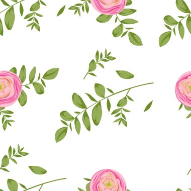 Doğal vektör beyaz arka plan üzerinde pembe Düğünçiçeği ve okaliptüs dalları ile seamless modeli. Moda düğün tasarım, kartları, kağıt ve diğer için kullanılabilir