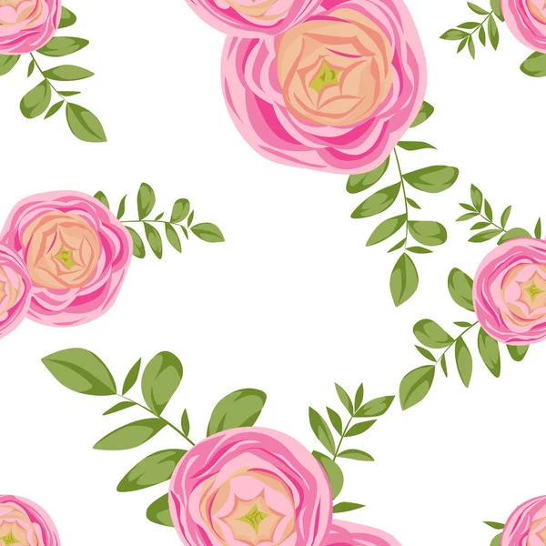 Natural Vector Seamless Pattern Pink Ranunculus Eucalyptus Branches White Background — Stock Vector