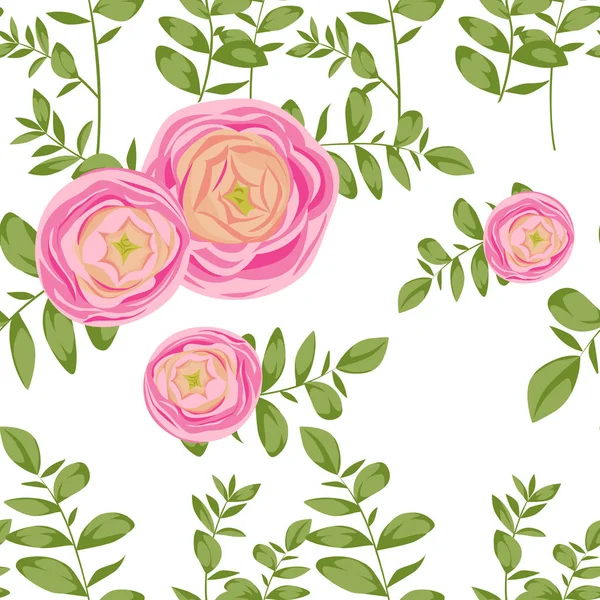 Modèle Sans Couture Vectoriel Naturel Avec Ranunculus Rose Branches Eucalyptus — Image vectorielle