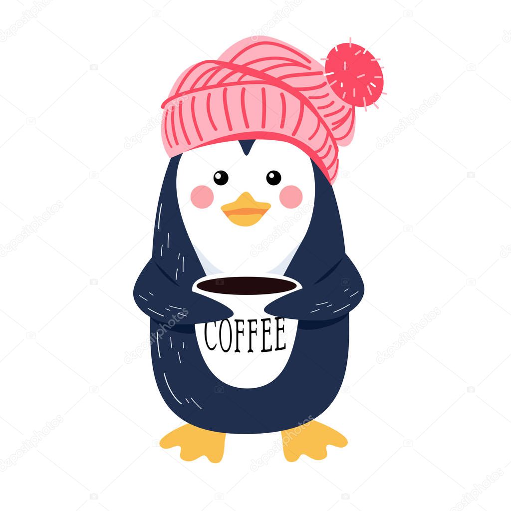 Vector illustration of penguin in a knitted hat with a pompon and with a cup of coffee