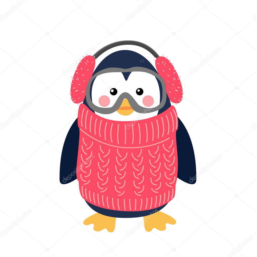 Vector illustration of penguin in a knitted sweater and fur headphones and ski goggles