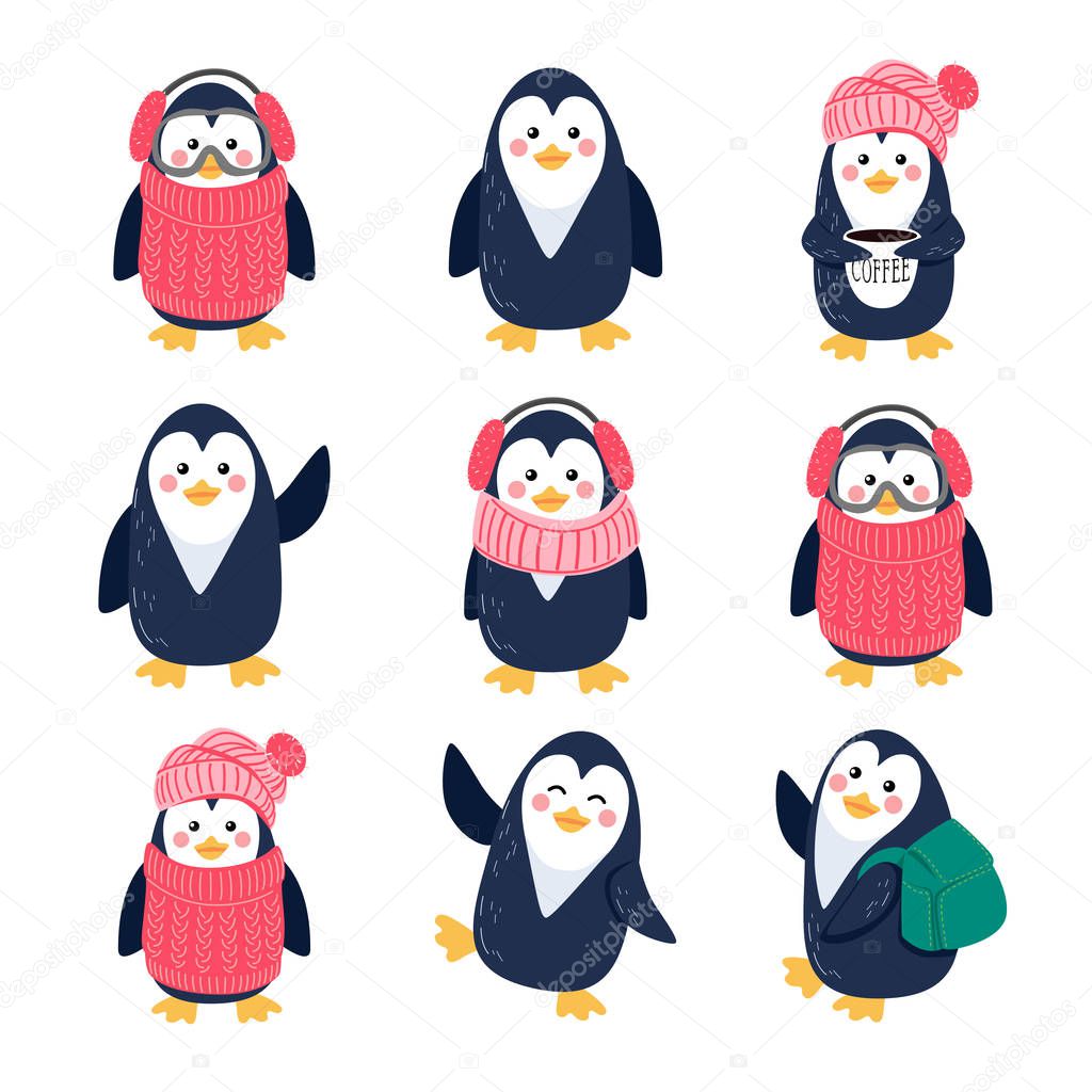 Vector collection of cute cartoon penguins