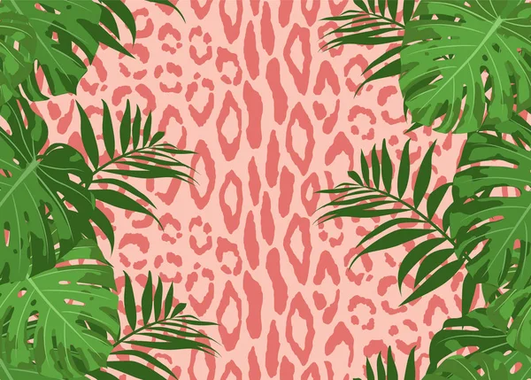 분홍색 배경에 색상에 Gepard 텍스처와 이국적인 원활한 나뭇잎 — 스톡 벡터