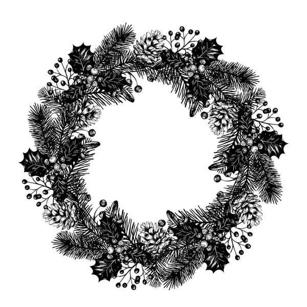 メリー クリスマスと新年あけましておめでとうございます花輪手描き冬ヴィンテージの図 黒と白のベクトル図 — ストックベクタ