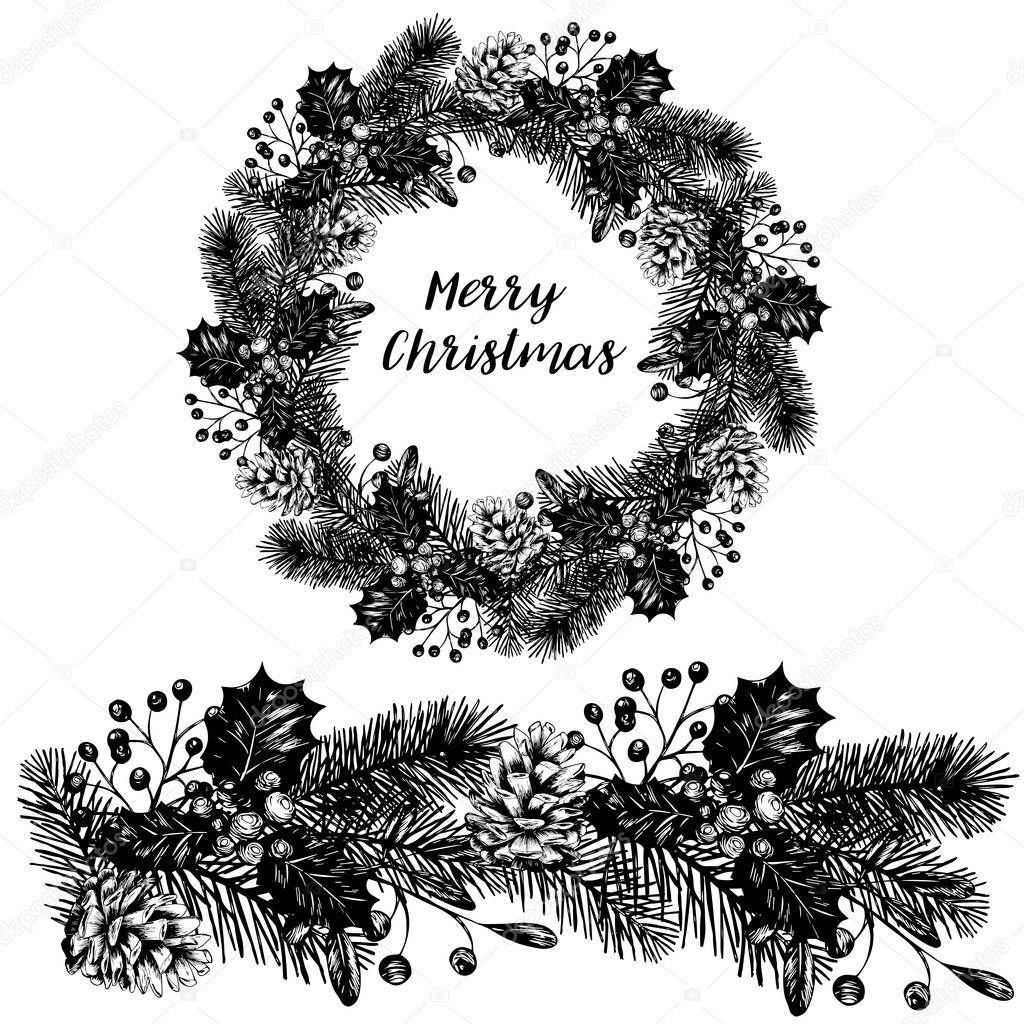Merry Christmas and Happy New Year wreath hand drawn winter vintage illustration. Black and white vector illustration.