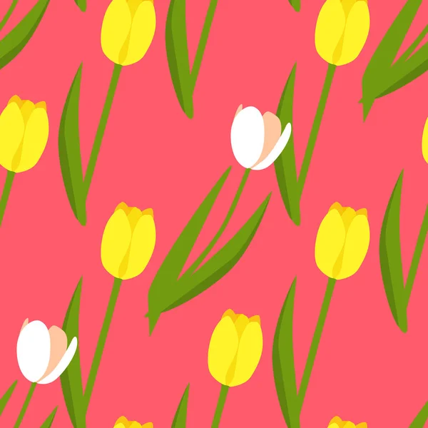 ピンク色の背景に白と黄色のチューリップとシームレスな春パターン — ストックベクタ