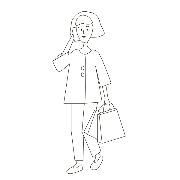 Mulher com smartphone e sacos de compras . —  Vetores de Stock