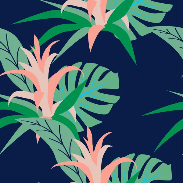 熱帯の花と濃い青の背景にエキゾチックな葉 トレンド色で夏のシームレスなベクトル パターン壁紙を印刷します — ストックベクタ