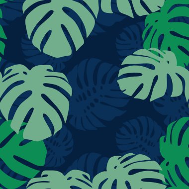 Trend renklerde siluetler monstera yaprakları ile Egzotik yaz deseni. 
