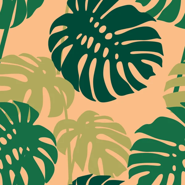 トレンドカラーのシルエットモンスターの葉とエキゾチックな夏のパターン — ストックベクタ