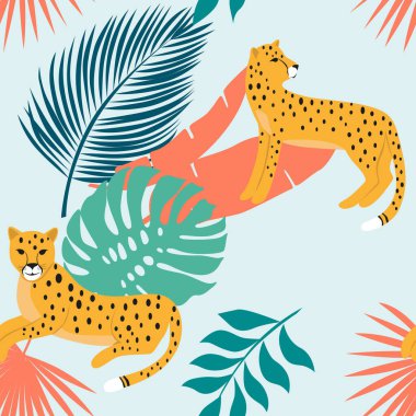 Leoparlar ve tropik yapraklarla kusursuz bir desen.. 