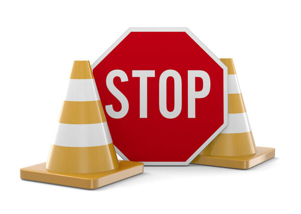 Стоп знак и конусы на белом фоне в 3D
