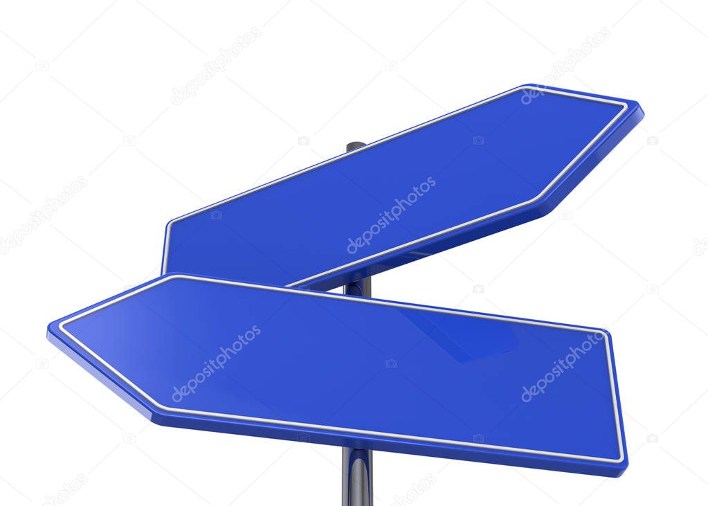 Blue direction sign with two arrows on white background