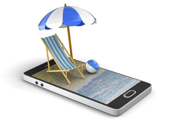 Sedia Spiaggia Con Ombrellone Smartphone Chiamata Sulla Spiaggia — Foto Stock