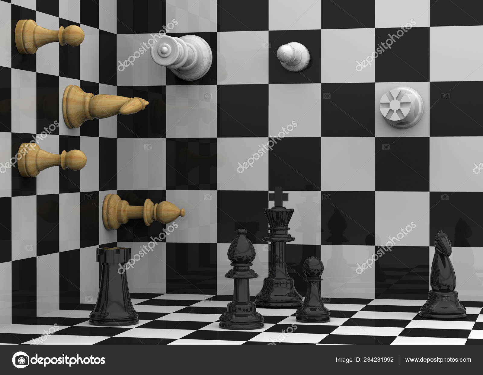 Tabuleiro de Jogo de Xadrez 3d Render isolado fundo branco vista de  perspectiva ilustração do Stock