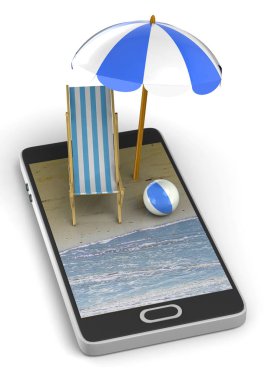 Plaj sandalye şemsiye Smartphone, kumsalda arama ile 