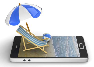 Plaj sandalye şemsiye Smartphone, kumsalda arama ile 