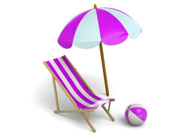 Summer chair with umbrella and pink beach ball, 3D clipart