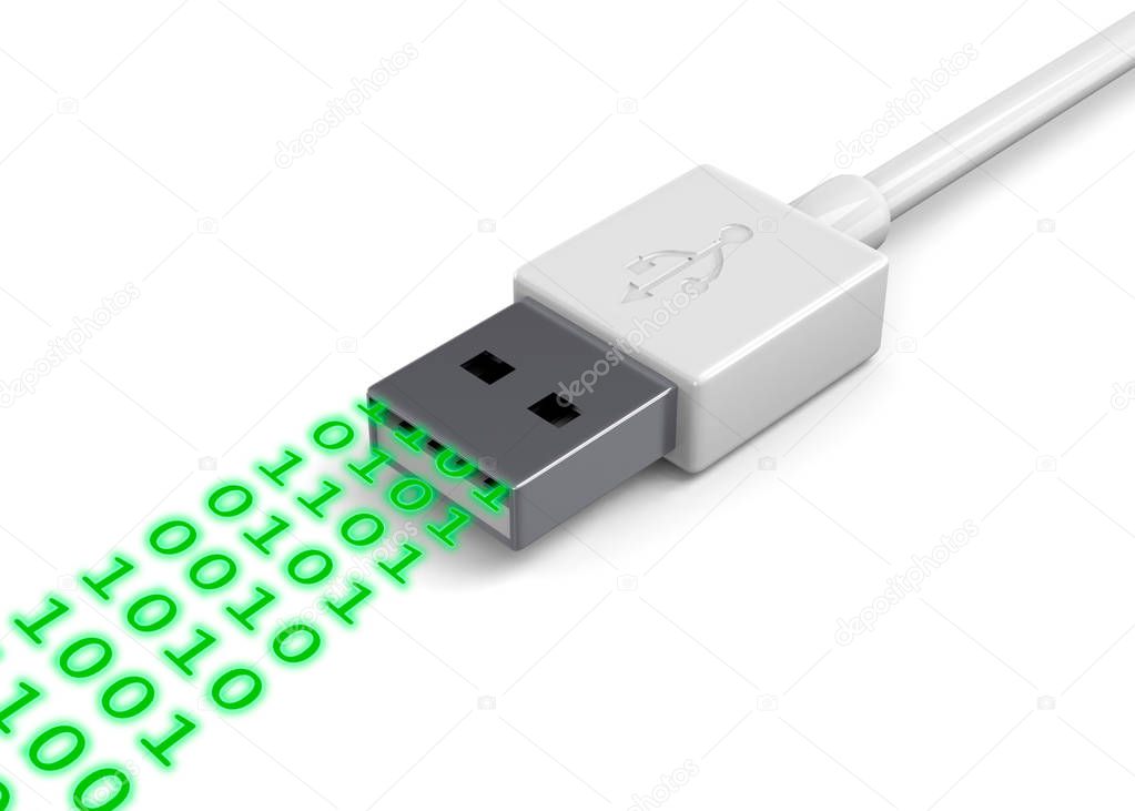 network computer USB cabel and green numbers code, 3D