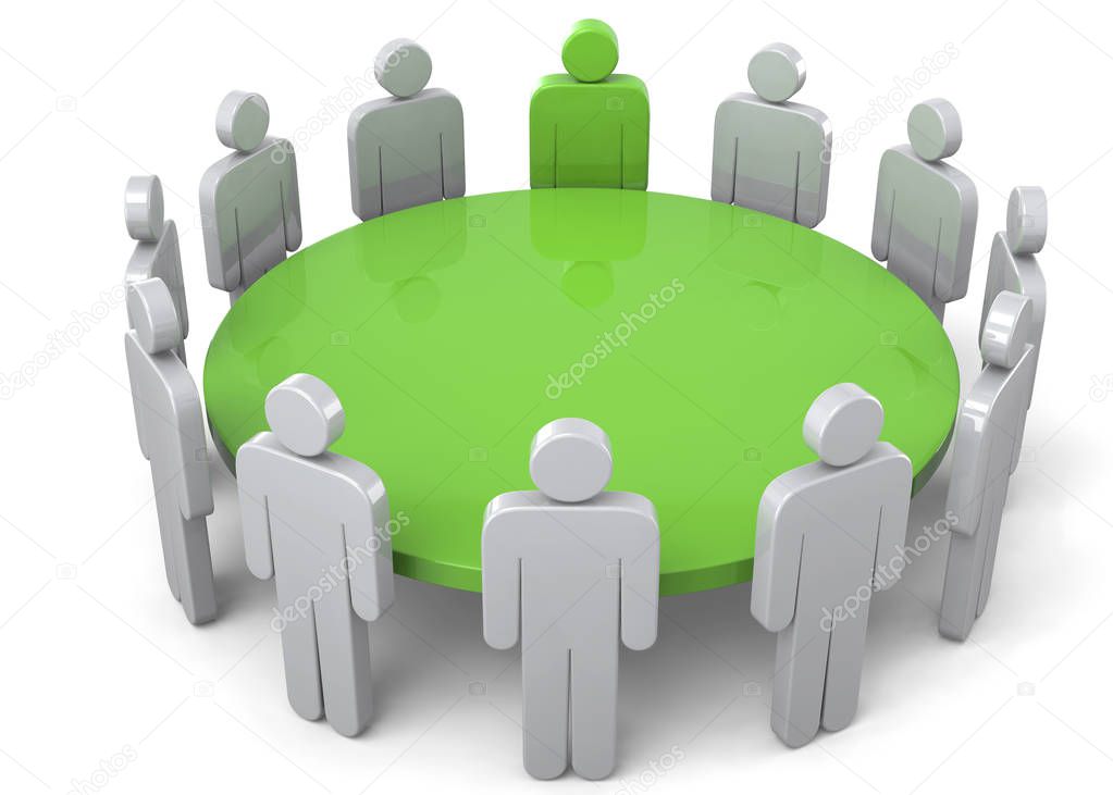 green Round Table and people around at meeting, 3D illustration