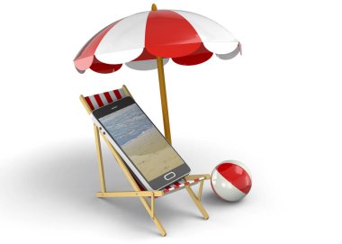 Yaz sandalye şemsiye, cep telefonu ve plaj topu, 3d