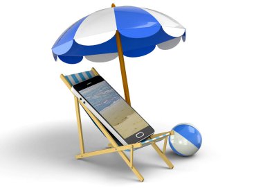 Yaz sandalye şemsiye, cep telefonu ve plaj topu, 3d