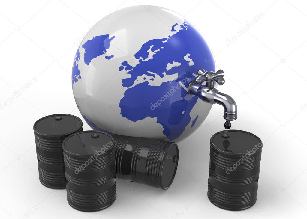 World Resources Concept, 3D illustration of earth planet, globe with barrels