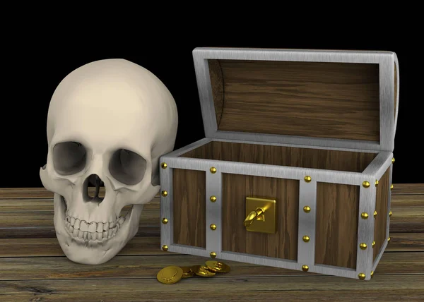 Pirate Skull head and dower chest with golden money coins, 3D