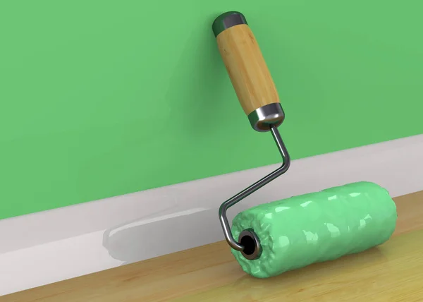 paint roller, Painting green wall, 3D illustration