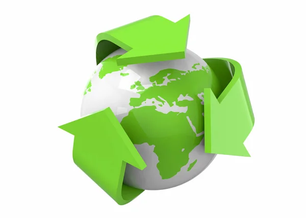 Reciclare World Concept Ilustrație Planetei Pământ Glob Săgeți Verzi — Fotografie, imagine de stoc