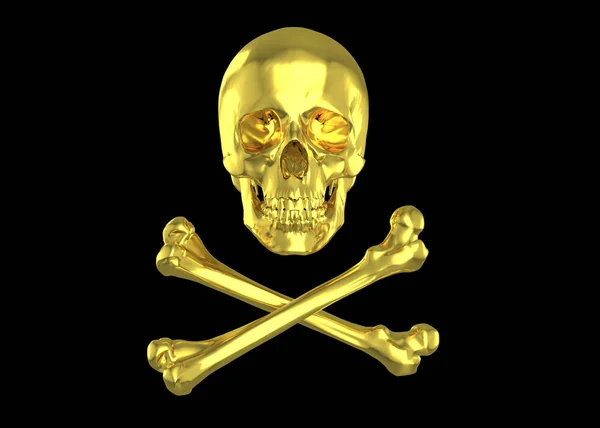 golden Pirate Skull head with bones isolated on black, 3D