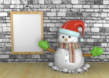 Kardan adam gri tuğla duvar, 3d resimde önünde