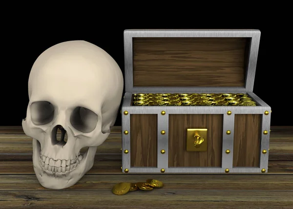 Pirate Skull head and dower chest with golden money coins, 3D