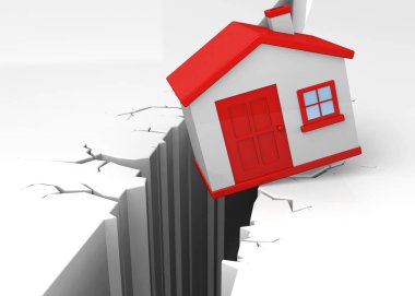 Deprem kavramı, zemin çatlamak düşen evde 3d çizimi