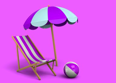 Yaz aylarında relax - pembe plaj sandalyesi, şemsiye ve top - 3d illüstrasyon