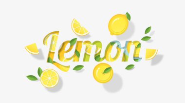 Limon meyve ve yaprakları kağıt sanat tarzı, vektör, illüstrasyon Word limon tasarım süslenmiş