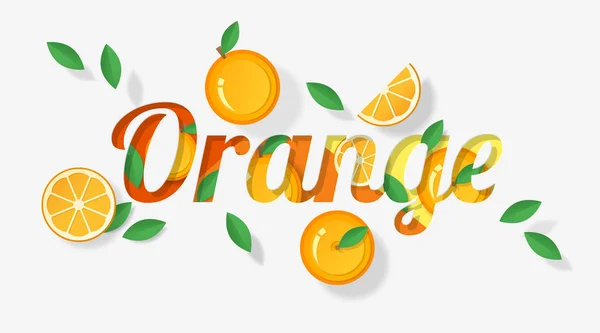 Wort Orange Design Dekoriert Mit Orangefarbenen Früchten Und Blättern Stil — Stockvektor