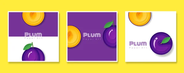 Conjunto Pancartas Frutas Con Ciruela Estilo Arte Papel Vector Ilustración — Vector de stock