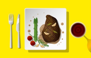 Izgara sığır eti biftek ve baharat kırmızı şarap, vektör, illüstrasyon tabakta servis